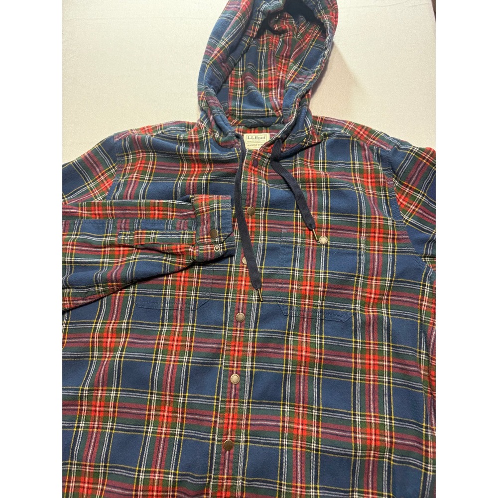 LL Bean Mens L Tall Blue Plaid Hooded Flannel Shirt Cotton Snap Front 508184